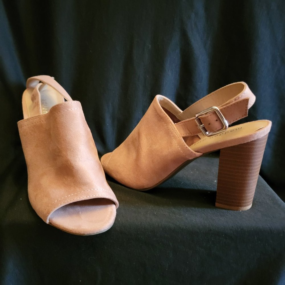 Madden Girl Camel Suede Wooden Platform Heel Sandals - 3.5 Inch - Gently Used